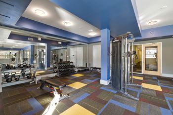 a gym with weights and cardio equipment in a building with blue ceilings